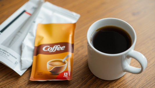 A cup of coffee beside a coffee premix packet on a table