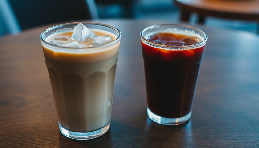 Two coffee cups, one iced, one hot, on a wooden table