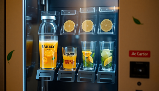 A vending machine dispensing lemon tea premix cup