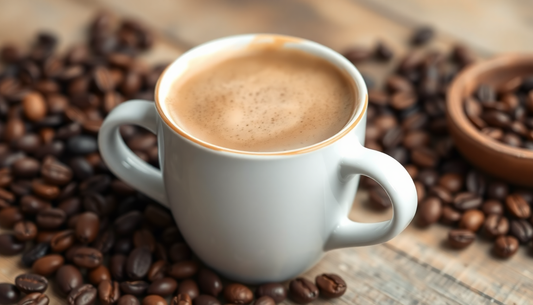 A cup of creamy vegan coffee with coffee beans