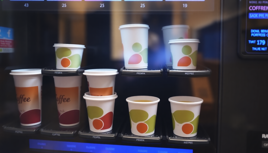 A vending machine dispensing coffee premix cups