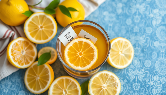 A cup of lemon tea with tea bags and fresh lemons