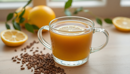 A steaming cup of lemon chai tea with tea granules