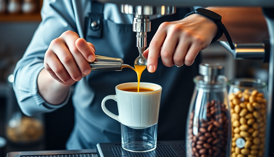 A barista preparing coffee premix with fresh ingredients