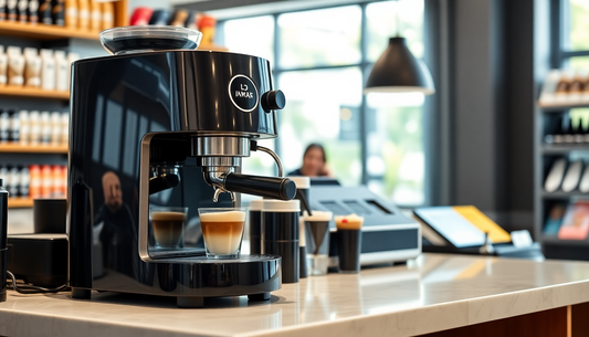 A sleek cappuccino coffee machine on a store counter