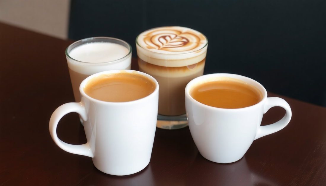 Three coffee cups with latte, cappuccino, and espresso