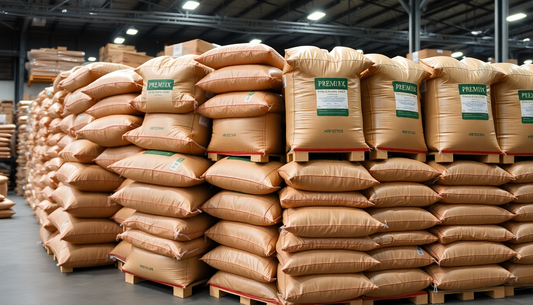 Bulk coffee premix bags stacked in a warehouse