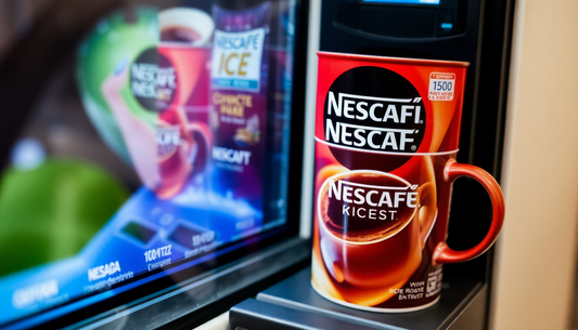 A Nescafe Ice Roast coffee cup beside a vending machine