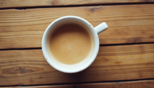 A cup of cappuccino with frothy milk on a wooden table