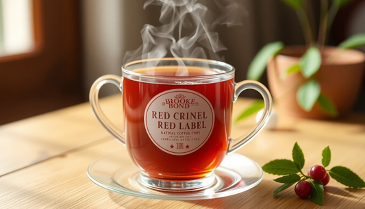 A steaming cup of Brooke Bond Red Label Natural Care Tea