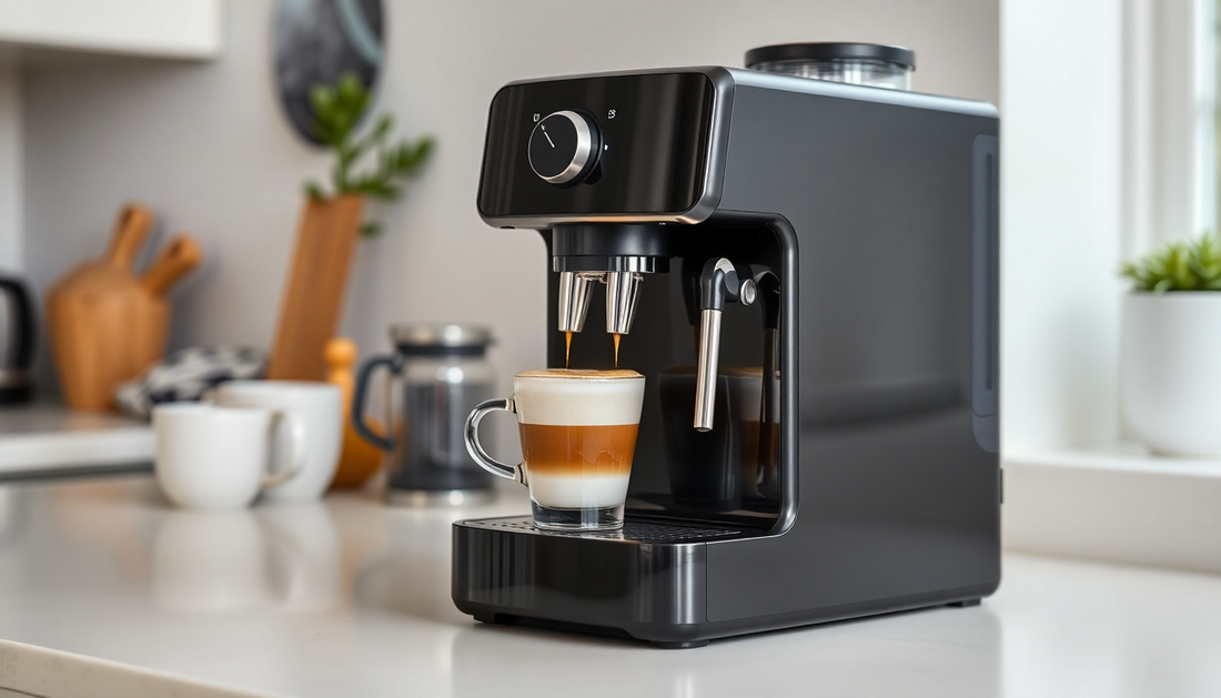 A sleek fully automatic coffee machine brewing espresso at home