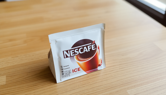 A small pack of Nescafe Ice Roast on a wooden table