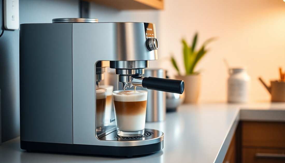 A sleek cappuccino coffee machine brewing coffee at home