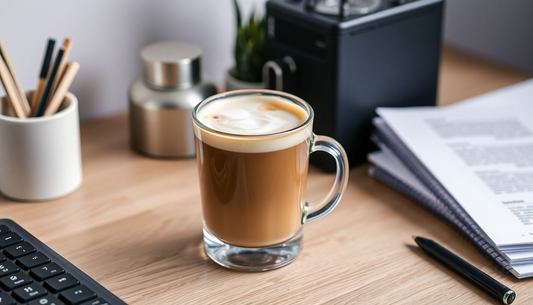 A steaming cup of mild coffee premix on office desk