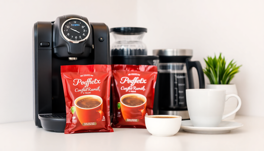 Office coffee premix packets beside a coffee machine