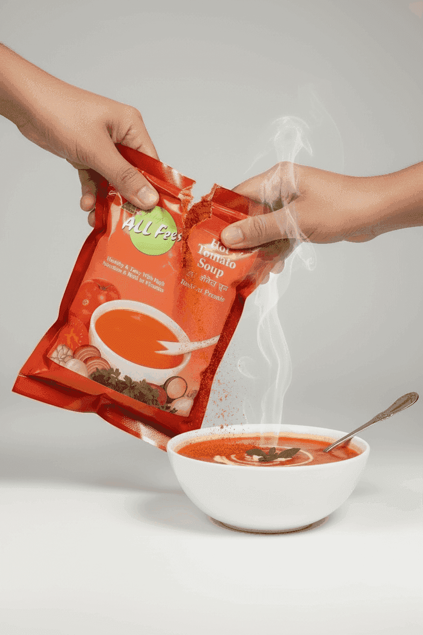 Pouring all fresh tomato soup 1kg from red packet into a white bowl with steam rising