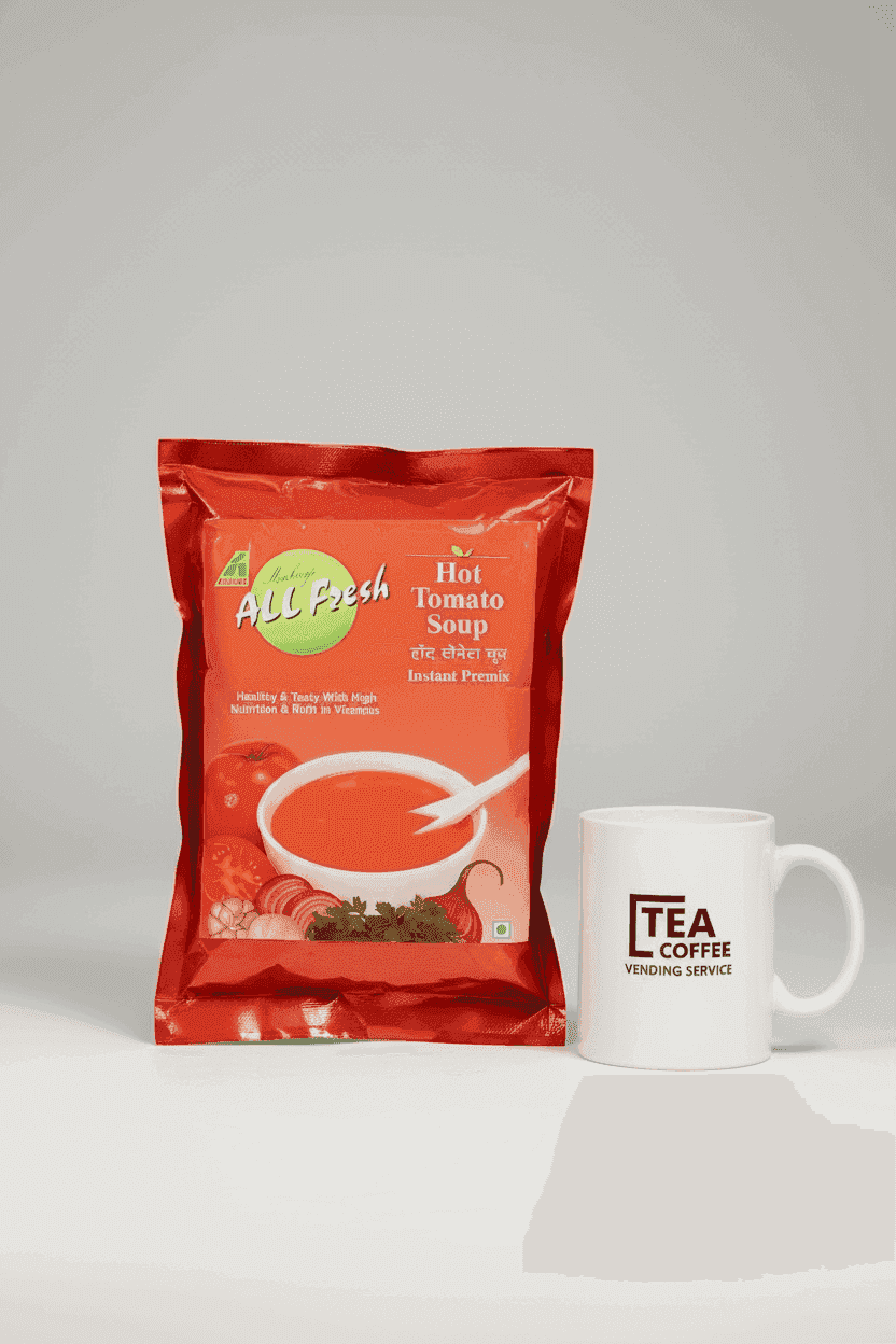 All fresh tomato soup 1kg red pack beside white TEA COFFEE VENDING SERVICE mug on white background