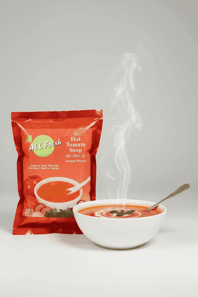 Steaming bowl of all fresh tomato soup 1kg with spoon and red soup packaging from TEA COFFEE VENDING SERVICE