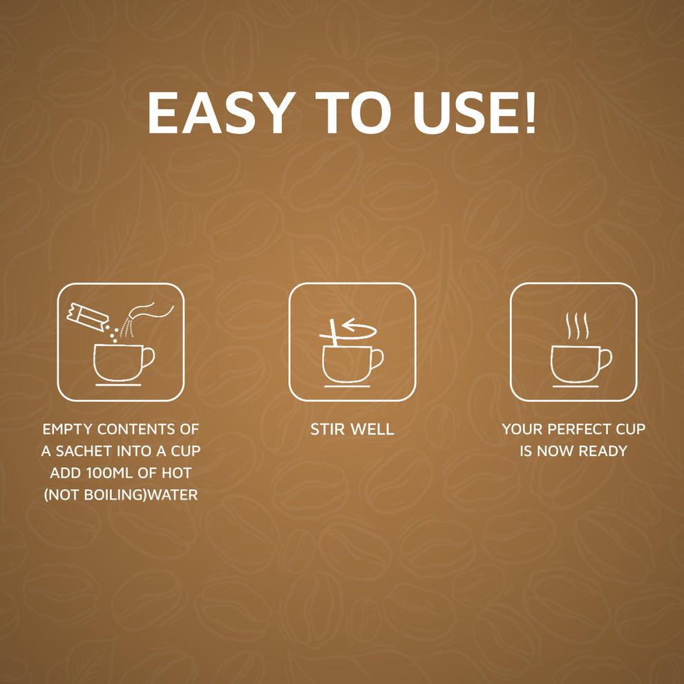 Instructions for easy use of Coffee walla 3 in 1 cappuccino coffee sachets with hot water and stirring steps