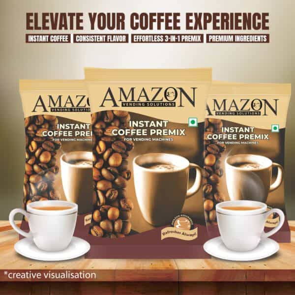 Amazon vending solutions 3-in-1 coffee premix powder packages with coffee cups on wooden surface