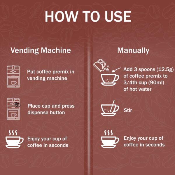 Instructions on how to use 3-in-1 coffee premix powder with vending machine or manually with hot water