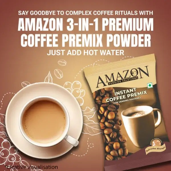 Amazon 3-in-1 coffee premix powder with a cup of hot coffee on a brown background