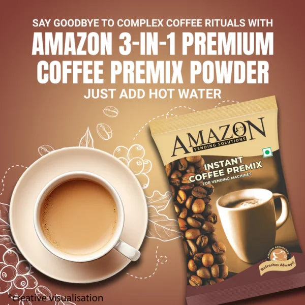 Amazon 3-in-1 coffee premix powder with a cup of hot coffee on a brown background