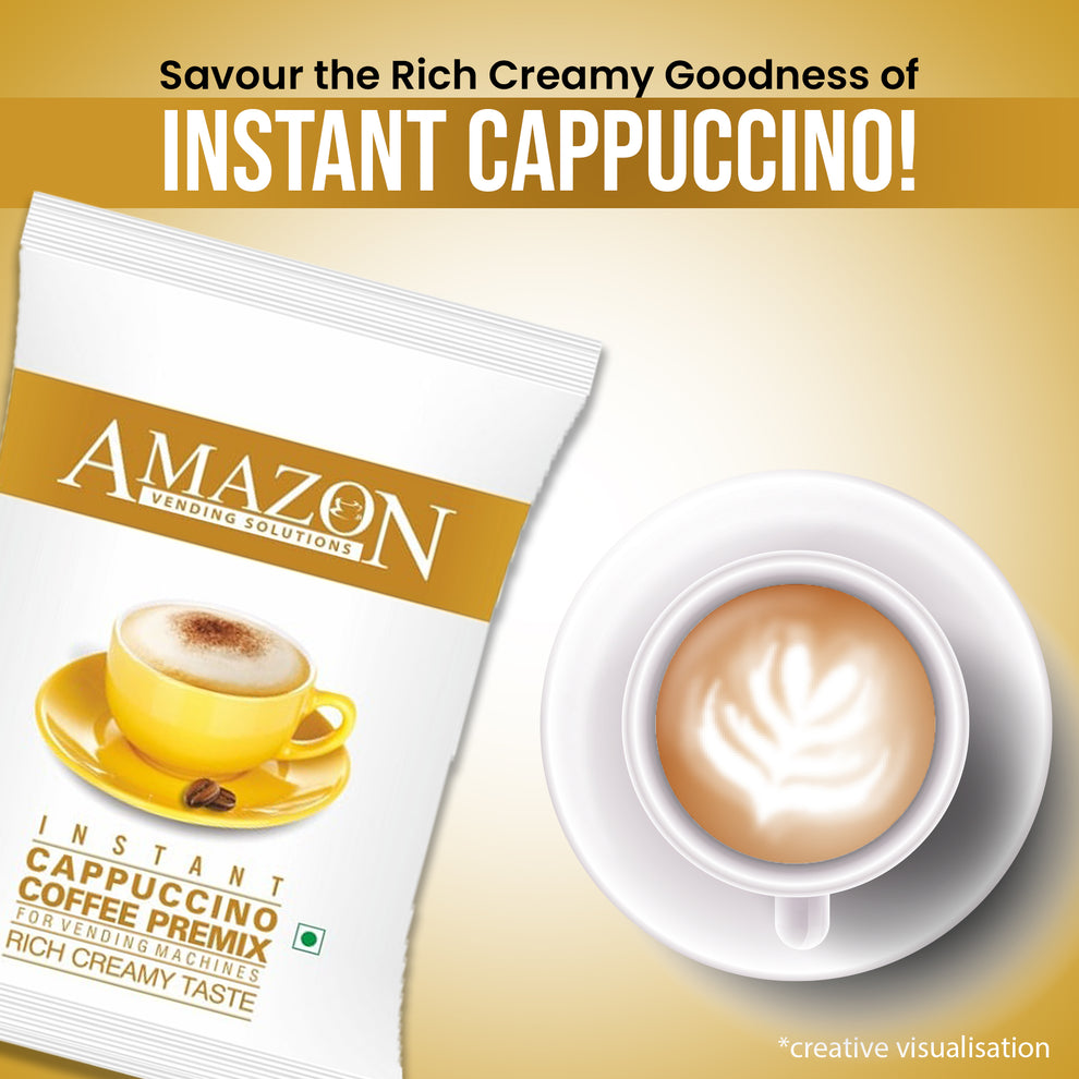 Amazon 3in1 cappuccino coffee premix packet with a yellow cup of creamy cappuccino and latte art on saucer