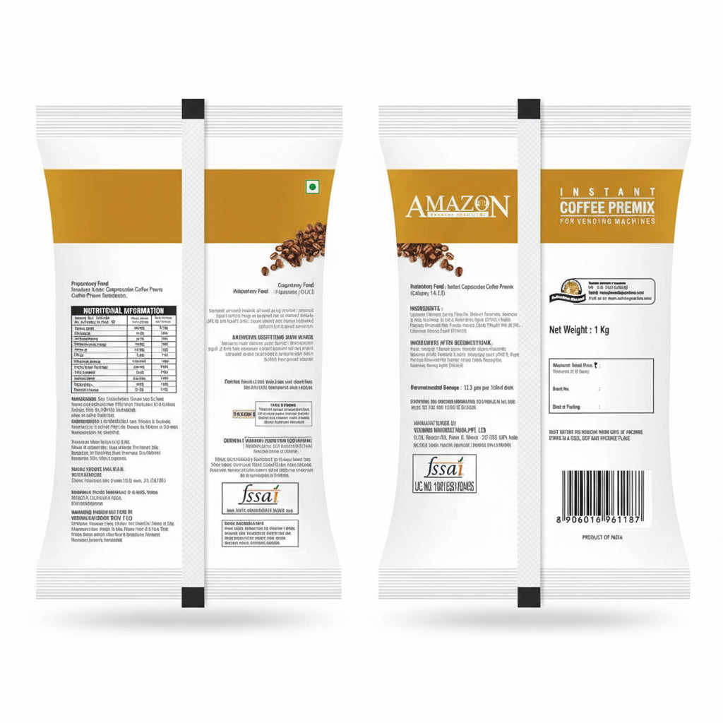 3in1 cappuccino coffee premix packet for vending machines with nutritional info and branding