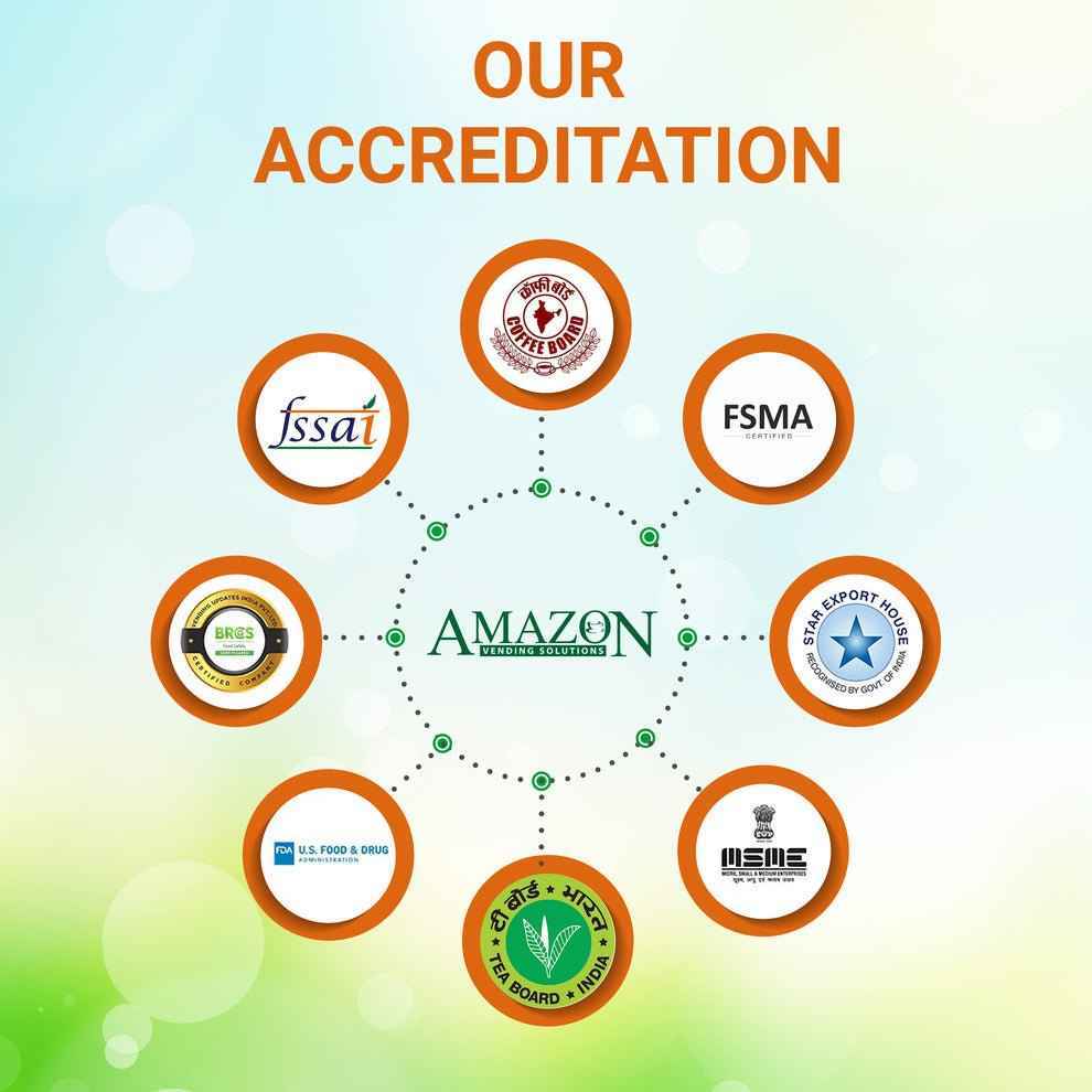 Certification logos surrounding Amazon vending solutions showcasing accreditations for quality and safety