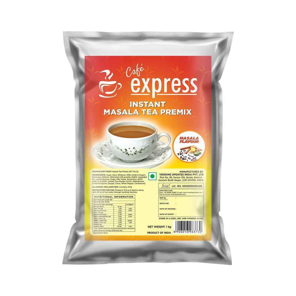Amazon Cafe express masala tea premix 1kg silver pouch with cup of tea and masala flavor label
