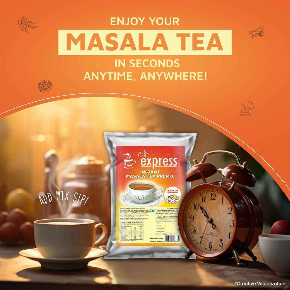 Amazon Cafe express masala tea premix 1kg pack with cup of masala tea and vintage alarm clock on wooden table