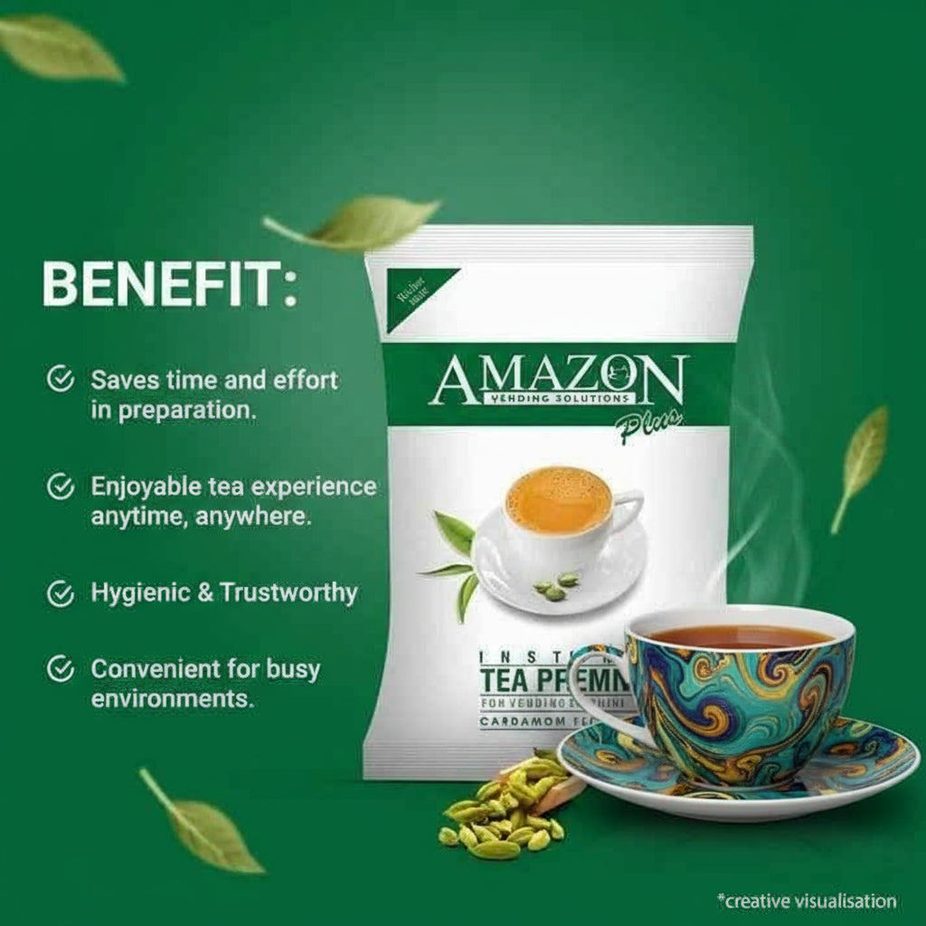 Cardamom tea premix 1kg wholesale pack with steaming cup of cardamom tea and benefits listed
