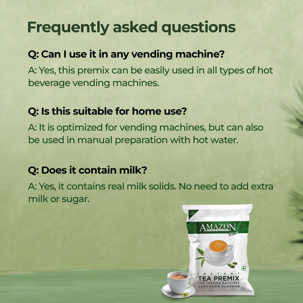 Cardamom tea premix for vending machines packet with cup of tea and FAQ about usage and milk content