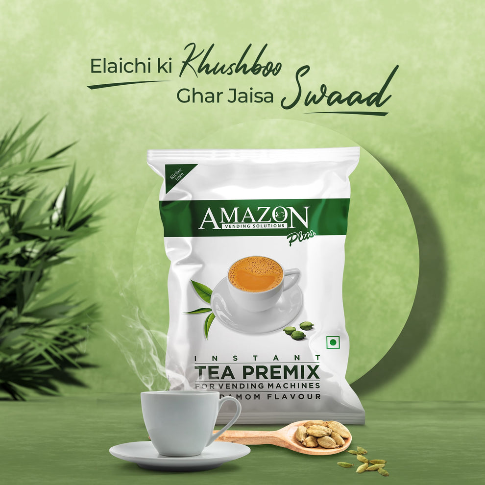 Amazon Plus cardamom tea premix for vending machines pack with steaming cup and cardamom pods on wooden spoon