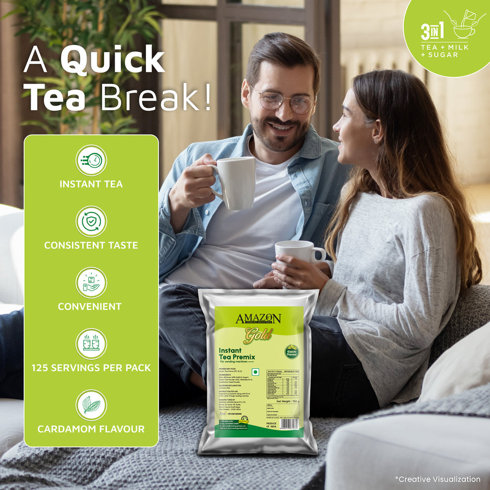 Coffee walla cardamom tea premix low sugar pouch with couple enjoying a quick tea break at home