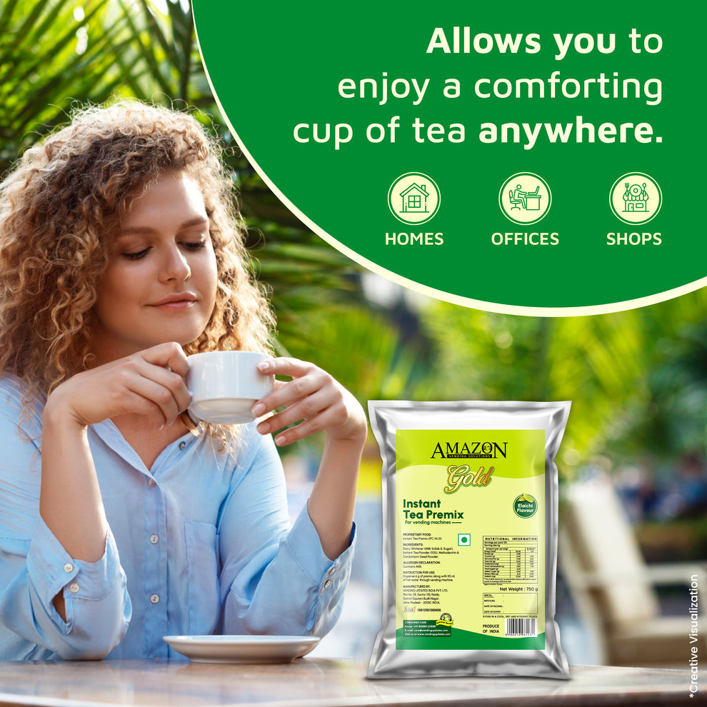 Cardamom tea premix low sugar packet by Coffee walla with woman enjoying a cup of tea outdoors