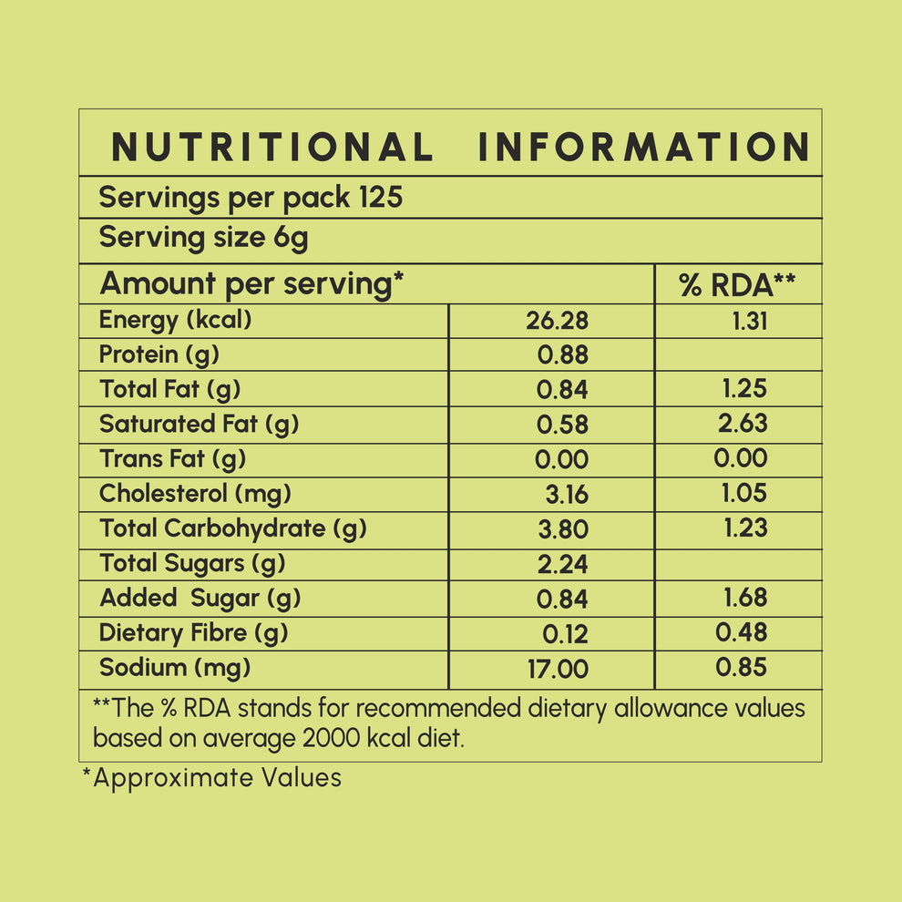 Nutritional information label for cardamom tea premix low sugar with serving size and nutrient details