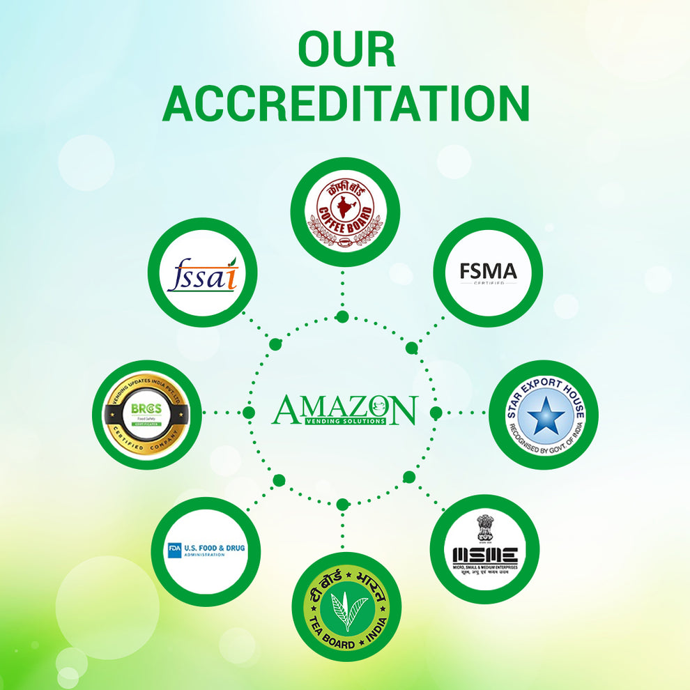 Coffee walla accreditation logos including FSSAI, FSMA, BRC, Tea Board India for cardamom tea premix low sugar