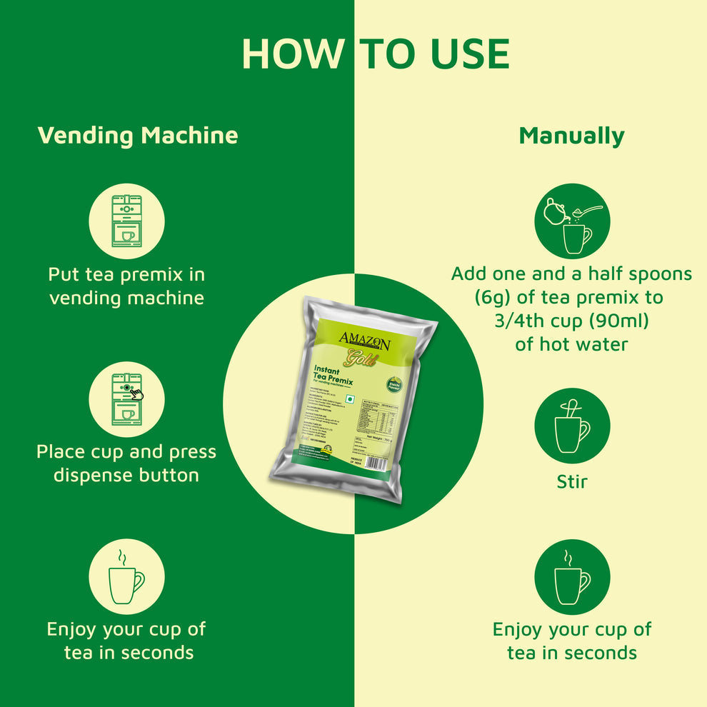 Coffee walla cardamom tea premix low sugar package with instructions for vending machine and manual use