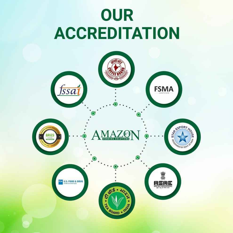 Accreditation logos of Tea coffee vending service for cardamom tea premix wholesale quality assurance