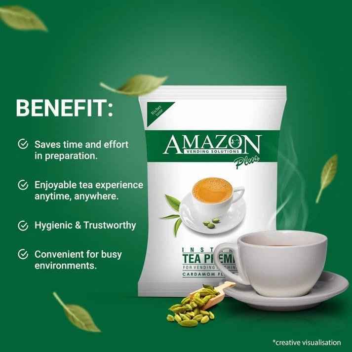 Amazon cardamom tea premix wholesale packet with a steaming cup of tea and cardamom pods on green background