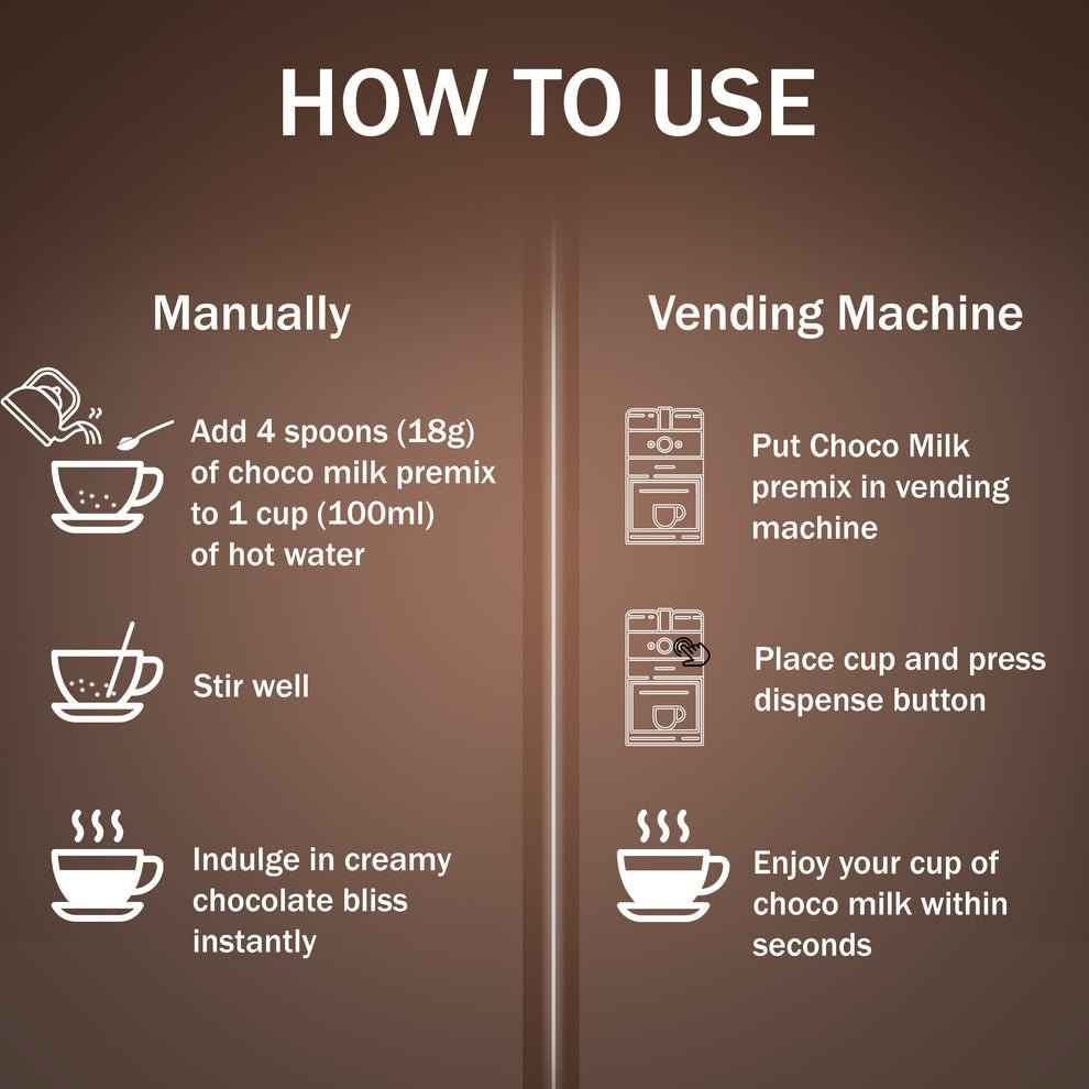 Instructions on how to use choco milk powder 500g manually or with a vending machine