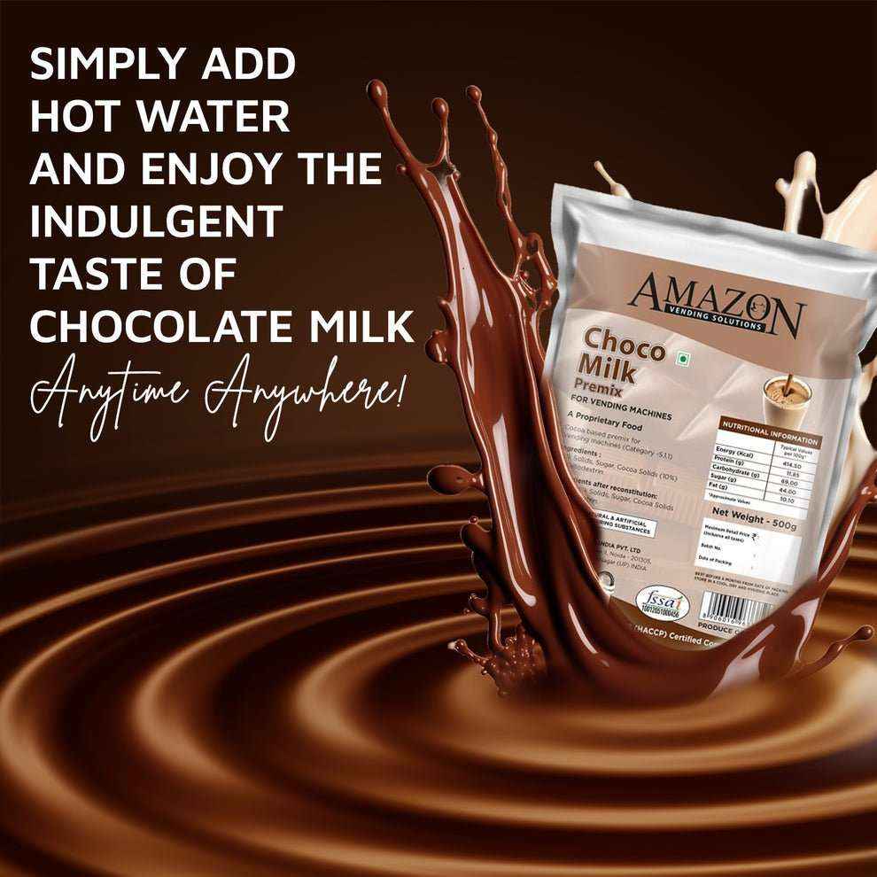 Amazon choco milk powder 500g pack splashing into rich chocolate milk background