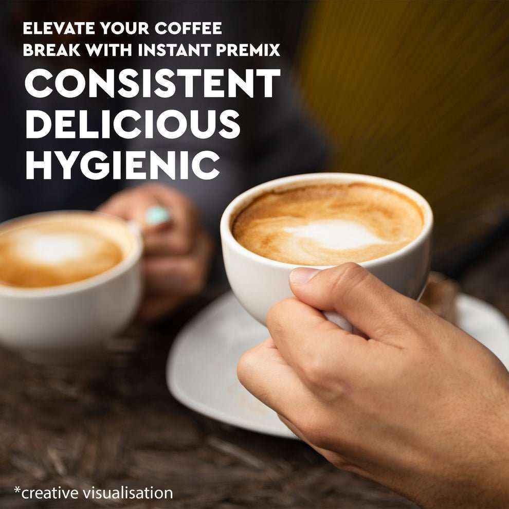 Person holding cup of coffee with frothy top promoting Amazon Gold 3-in-1 instant coffee premix