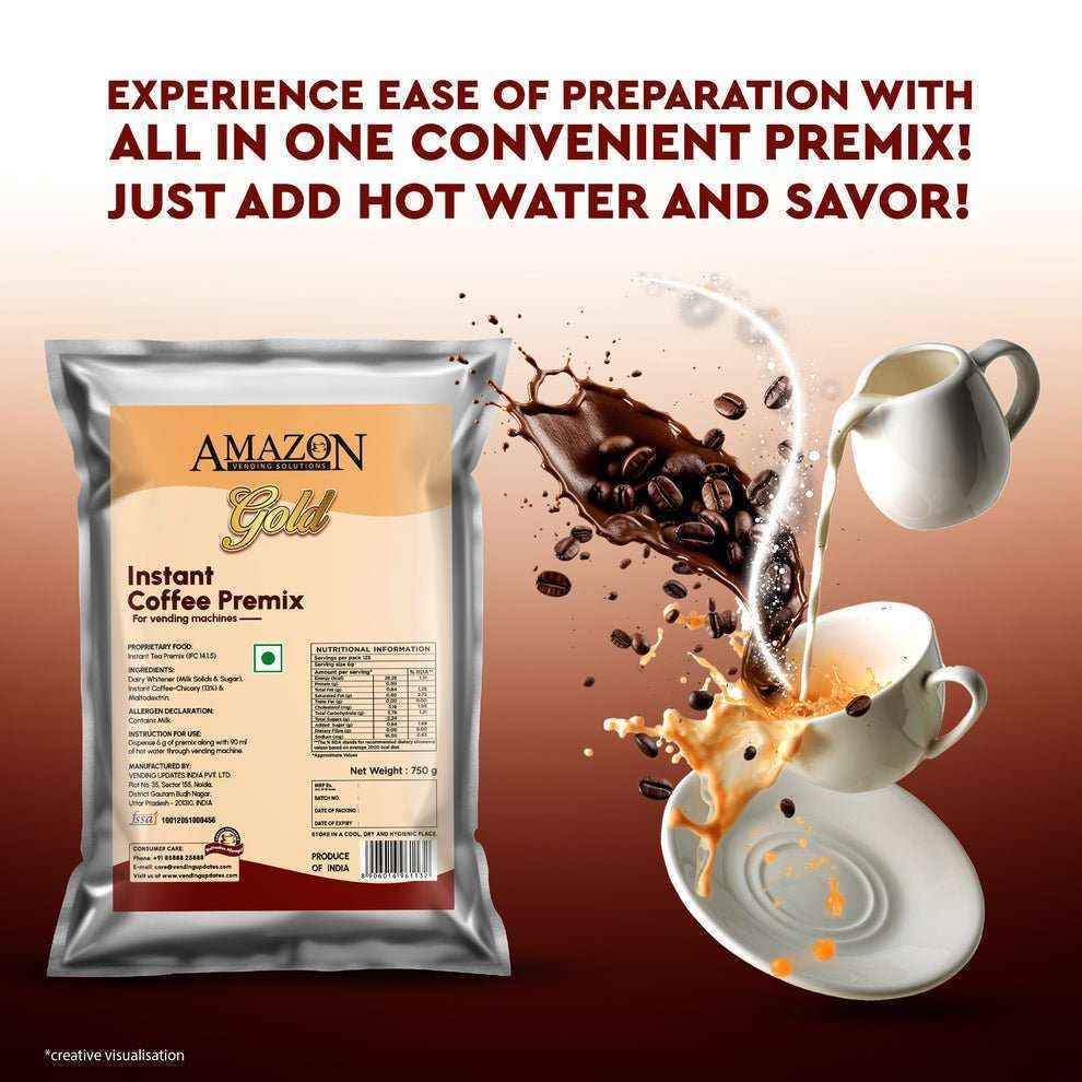Amazon Gold 3-in-1 instant coffee premix packet with coffee splash and milk jug pouring