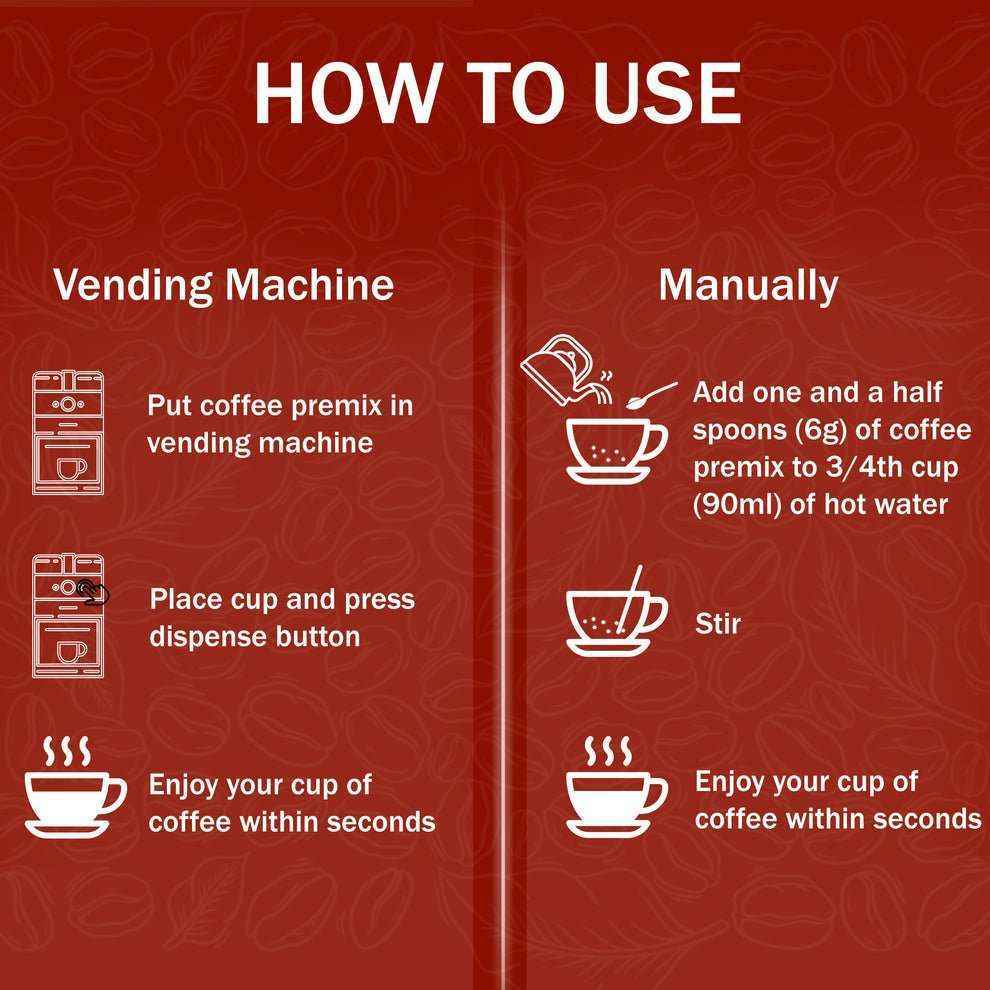 Instructions on how to use Amazon Gold 3-in-1 instant coffee via vending machine or manually