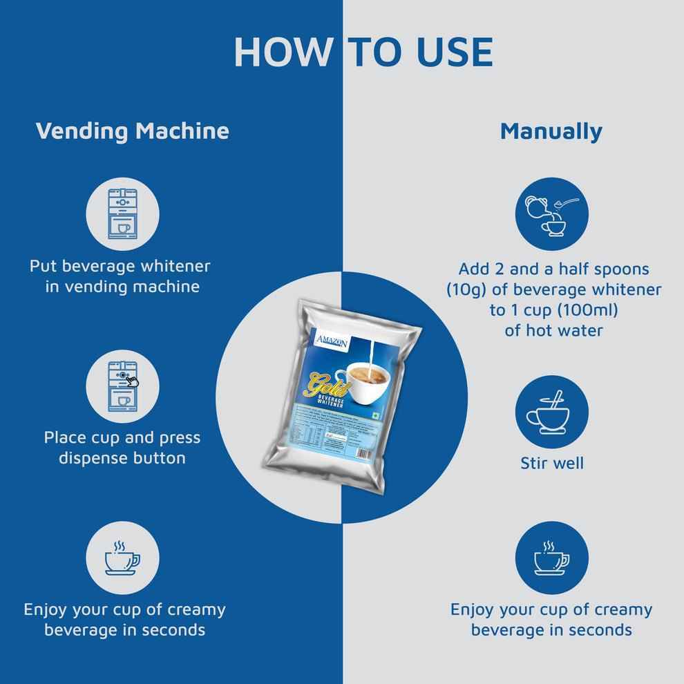 Amazon Gold Dairy Whitener price shown with instructions for vending machine and manual use for creamy beverages