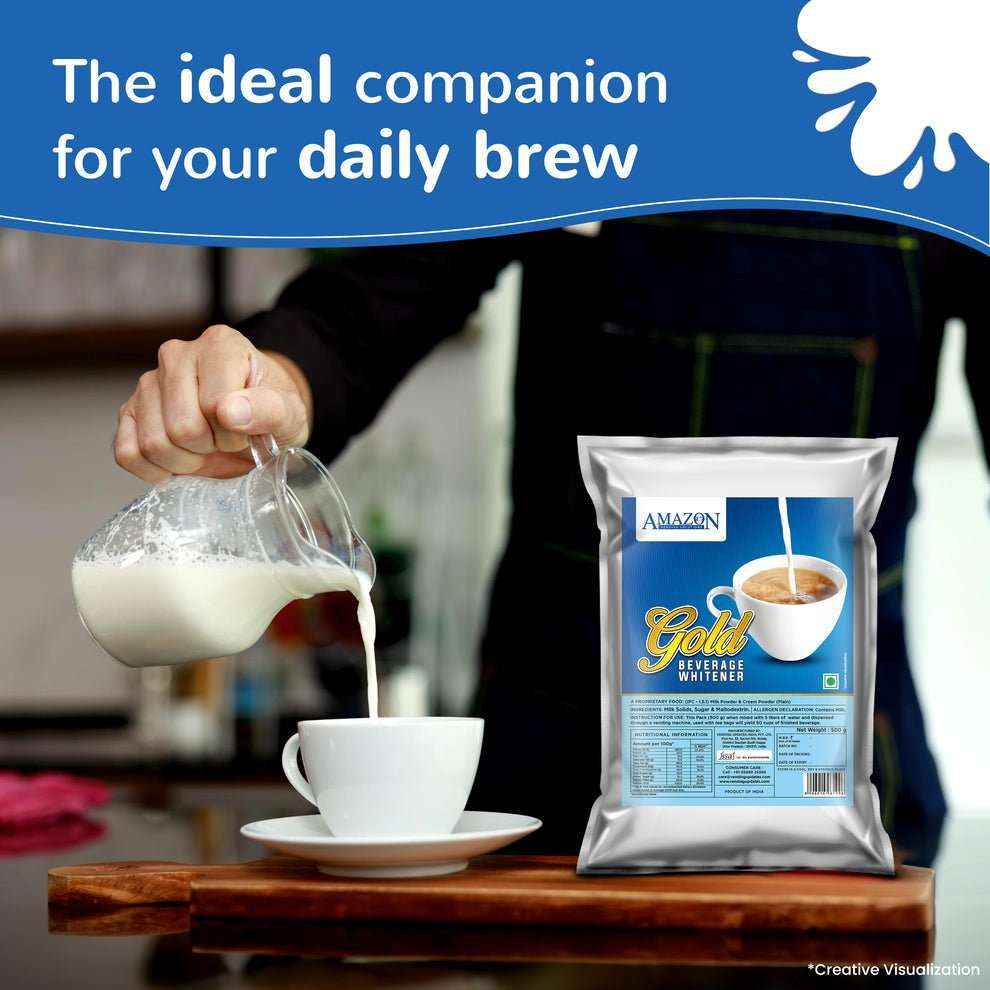 Amazon Gold Dairy Whitener price with a person pouring milk into a white cup for daily brew