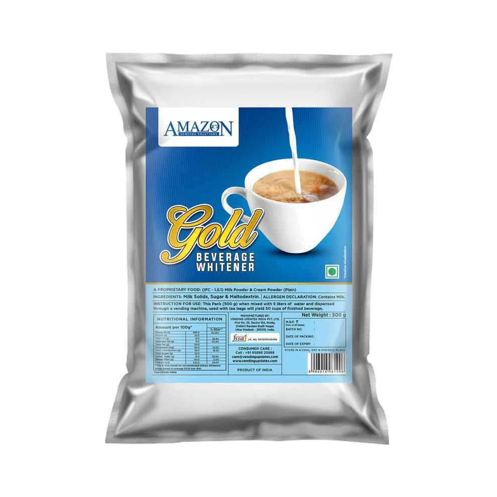 Amazon Gold Dairy Whitener price displayed on a 500g silver pouch with a cup of tea image